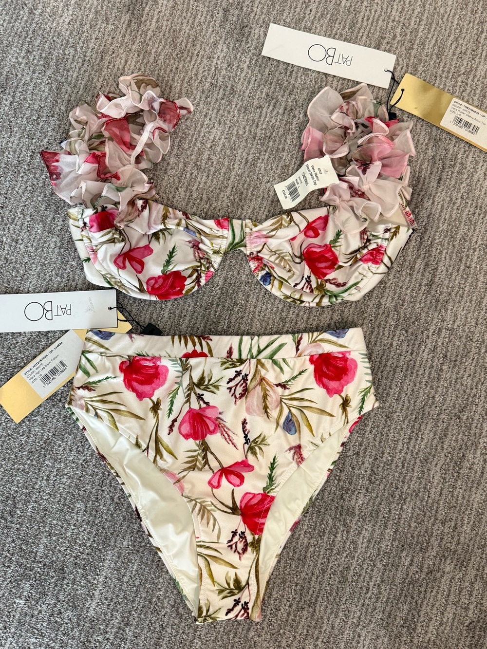 PatBO Floral Ruffle Bikini in Cream and Pink